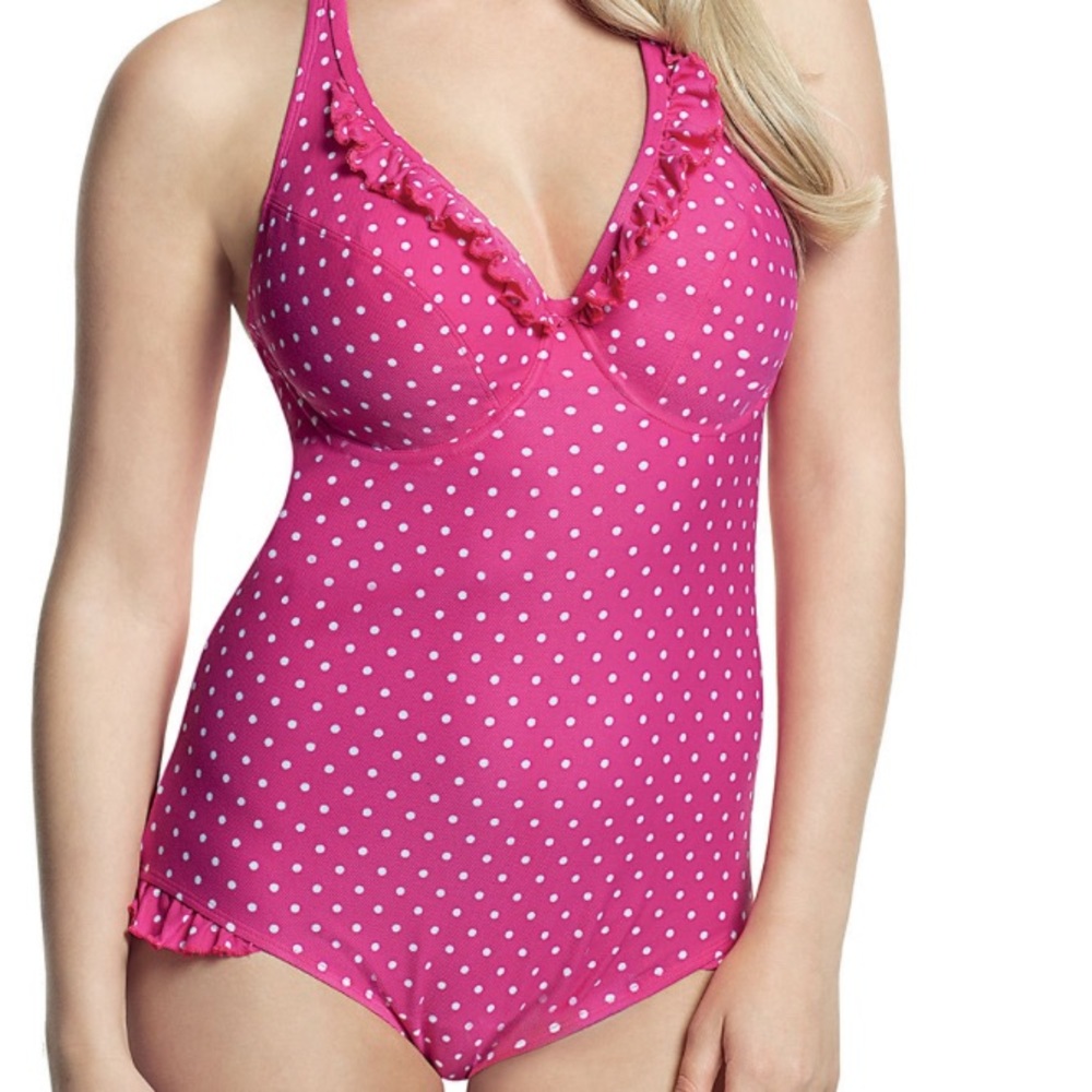 Cleo by Panache Pink and White polka dot One Piece Swimsuit V-Neck retro cute